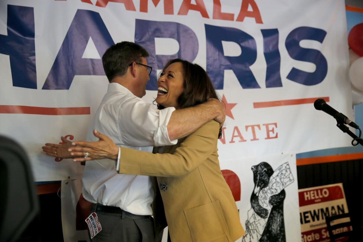 State Senate candidate Josh Newman with U.S. Senate candidate Kamala Harris at a rally in Anaheim on Monday.