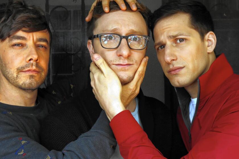 Lonely Island team Jorma Taccone, left, Akiva Schaffer and Andy Samberg at Studio 1444 in Hollywood on April 10, 2016.