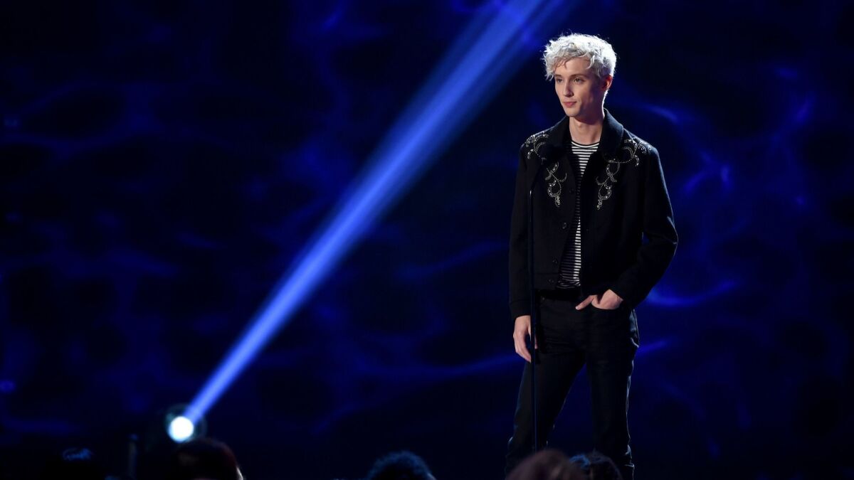 Singer Troye Sivan onstage during Fox's Teen Choice Awards at the Forum in 2018.