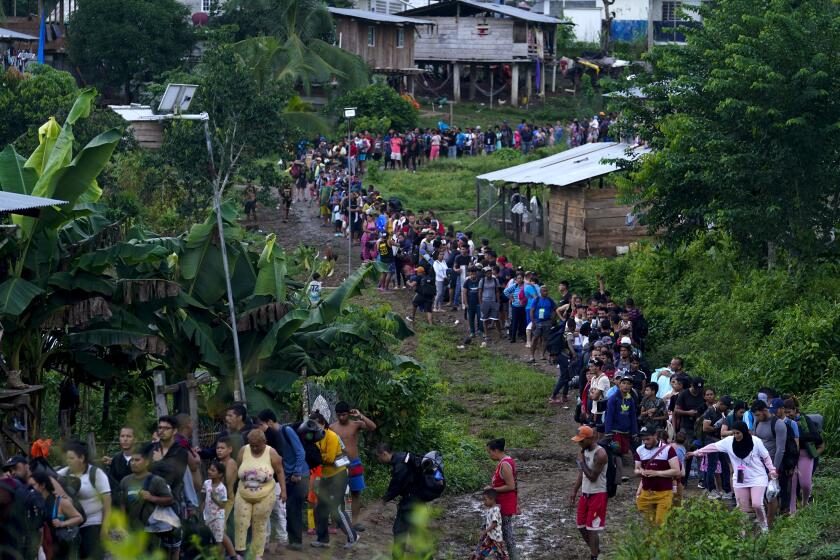 Migrantes que buscan llegar a Estados Unidos hacen fila para tomar un bote en Bajo Chiquito, en la provincia de Darién en Panamá, el jueves 5 de octubre de 2023, después de caminar a través de la selva del Darién desde Colombia. (AP Foto/Arnulfo Franco)