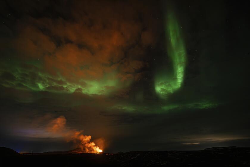View of the eruption area with the northern lights dancing in the sky near the town of Grindavik, Iceland, Saturday April 6, 2024. (AP Photo/Marco di Marco)