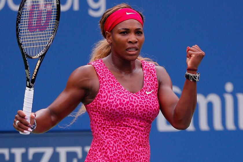 Serena Williams celebrates during her fourth-round win over Kaia Kanepi at the U.S. Open on Monday.