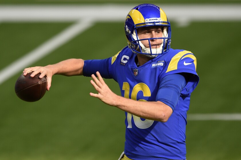 Los Angeles Rams quarterback Jared Goff throws against the San Francisco 49ers during the first half of an NFL football game Sunday, Nov. 29, 2020, in Inglewood, Calif. (AP Photo/Kelvin Kuo)
