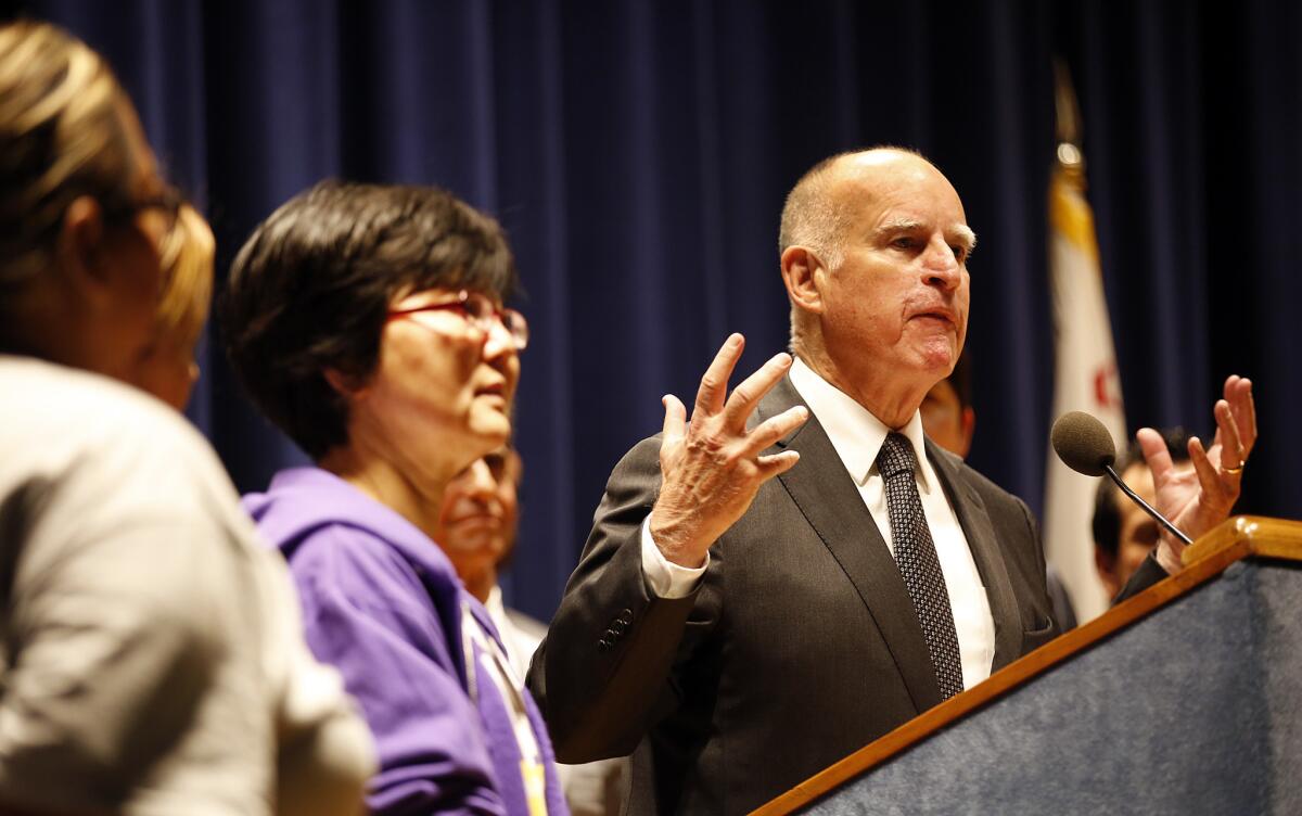 California Gov. Jerry Brown speaking in Los Angeles last week. On Monday, he signed a bill boosting paid family leave benefits.