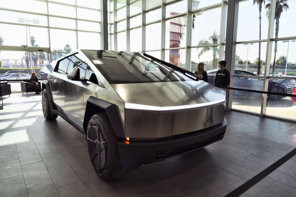 A Tesla Cybertruck on display at the Tesla showroom in Buena Park in 2023.