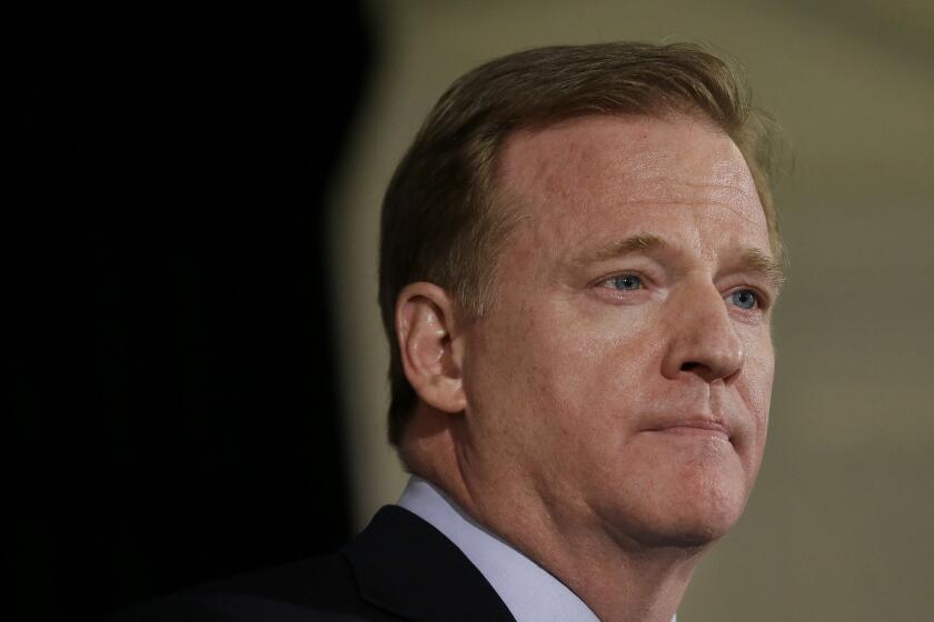 NFL Commissioner Roger Goodell speaks to reporters in San Francisco on Wednesday.