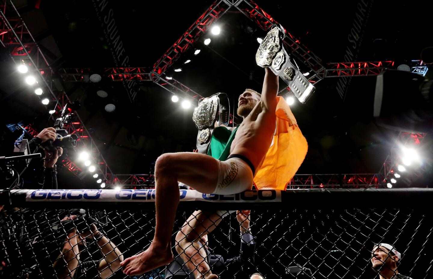 NEW YORK, NY - NOVEMBER 12: Conor McGregor of Ireland celebrates his KO victory over Eddie Alvarez of the United States in their lightweight championship bout during the UFC 205 event at Madison Square Garden on November 12, 2016 in New York City. (Photo by Michael Reaves/Getty Images ) ** OUTS - ELSENT, FPG, CM - OUTS * NM, PH, VA if sourced by CT, LA or MoD **