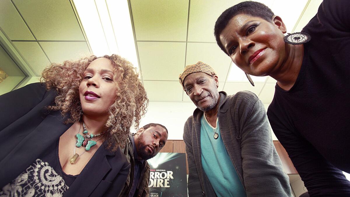 Actress Rachel True, from left, director Xavier Burgin, actor Tony Todd and executive producer Tananarive Due participated in the documentary "Horror Noire," a history of black filmmakers/actors in the horror industry.