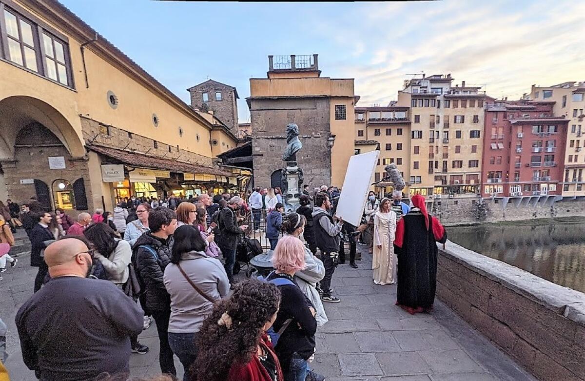 A crowd watches the filming of Hershey Felder's latest musical film, "Dante and Beatrice in Florence"