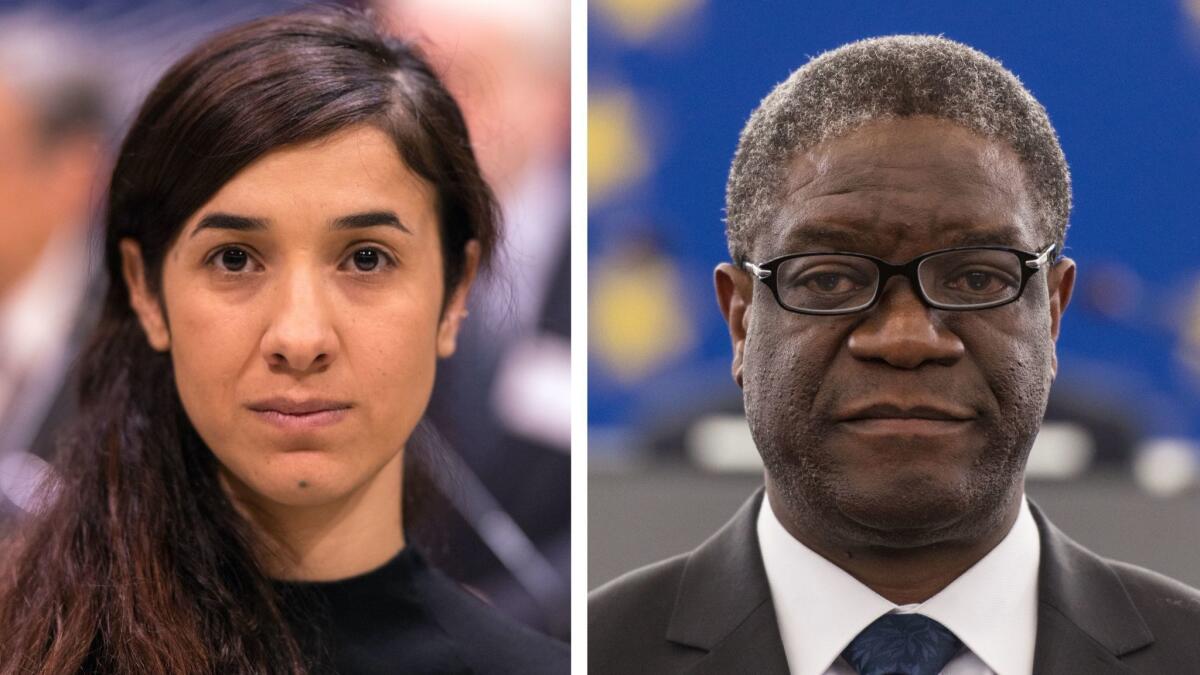 A composite picture shows Yazidi human rights activist Nadia Murad and Congolese gynecologist Dr. Denis Mukwege, the recipients of this year's Nobel Peace Prize.