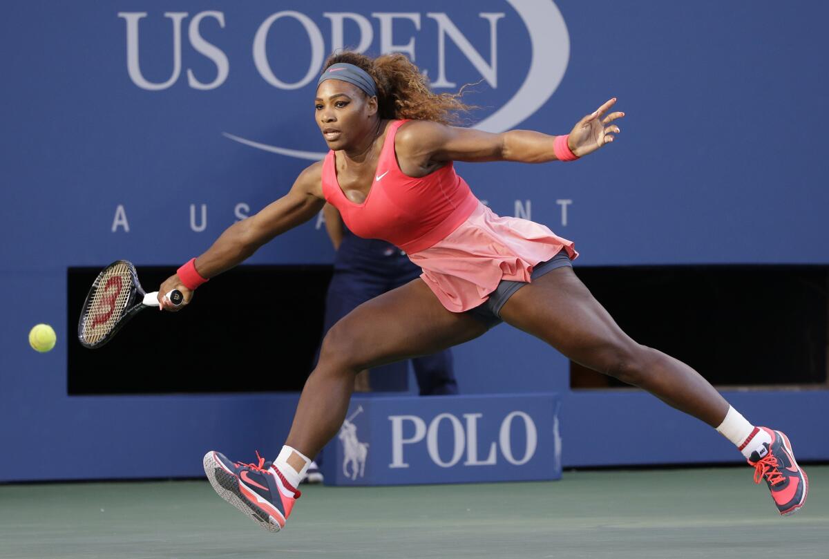 Serena Williams returns a shot to Victoria Azarenka during the 2013 U.S. Open women's final in 2013.