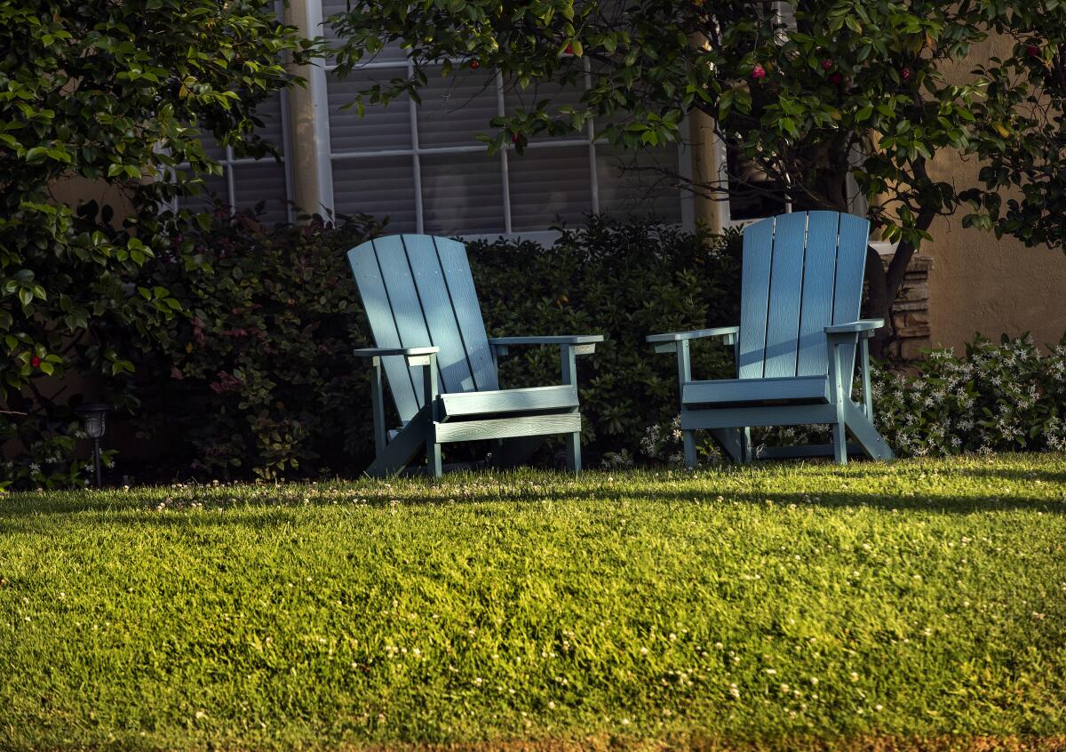 Two Adirondack chairs on a green lawn 
