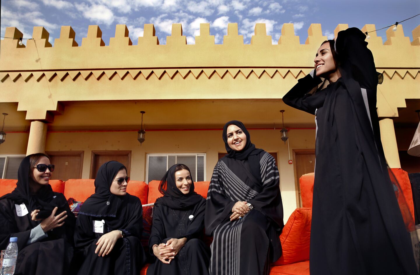 Members of the Al-Nahda Philanthropic Society for Women gather to celebrate the first women's vote in the history of Saudi Arabia. From left are Muneera Altouq, Rasha Alturki, Salma Al-Rasid, Hiba, Al-Zamil, and Sheikha Al-Sudairy.