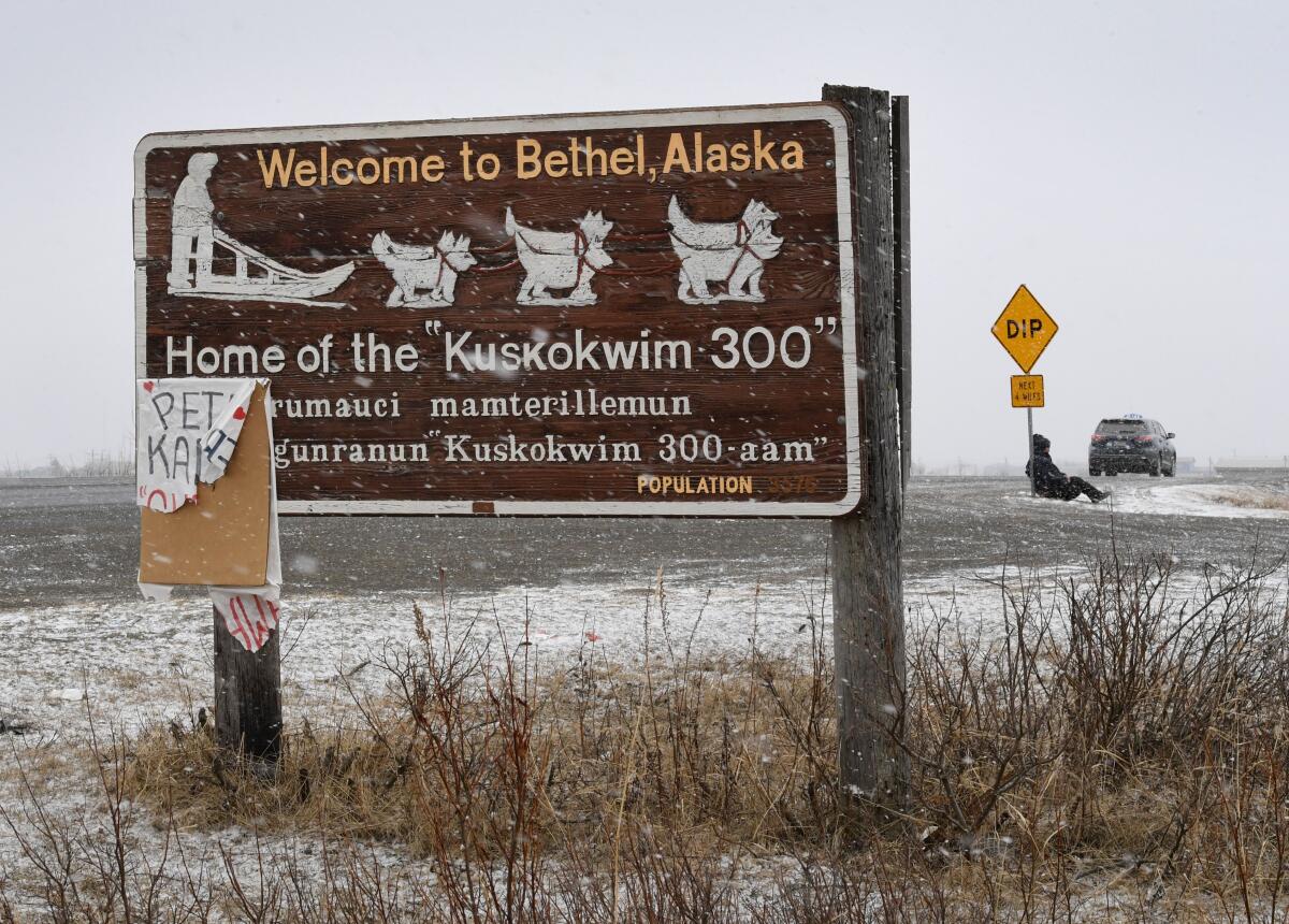 A sign with art of a dogsledder in action reads, "Welcome to Bethel, Alaska." A person sits against a road sign nearby.
