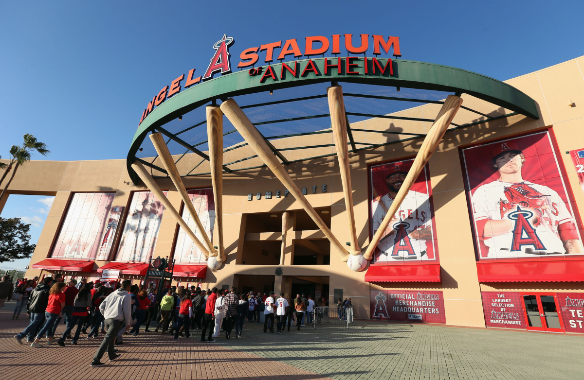 Fans enter Angel Stadium of Anaheim on opening day.