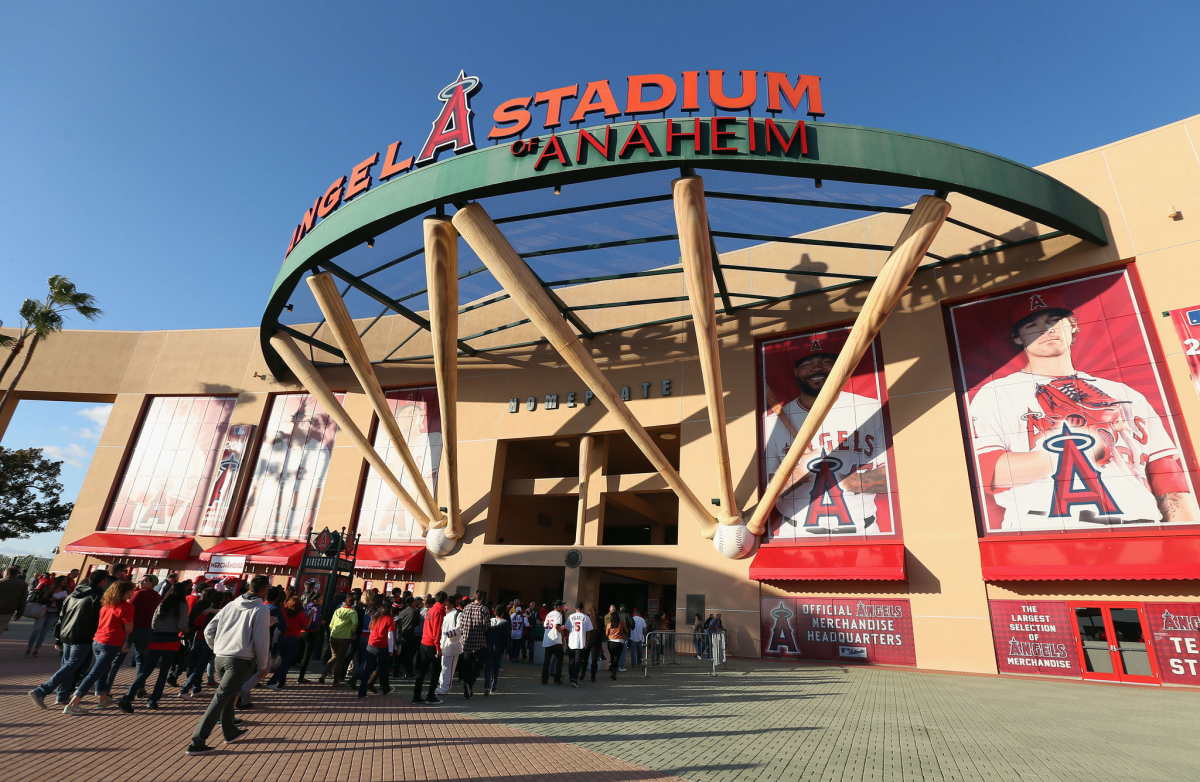 Fans enter Angel Stadium on opening day.