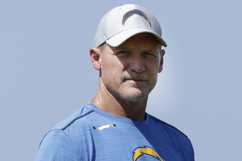 COSTA MESA, CA -- AUGUST 13, 2018: Los Angeles Chargers offensive coordinator Ken Whisenhunt during training camp at Jack R. Hammett Sports Complex in Costa Mesa. (Myung J. Chun / Los Angeles Times)