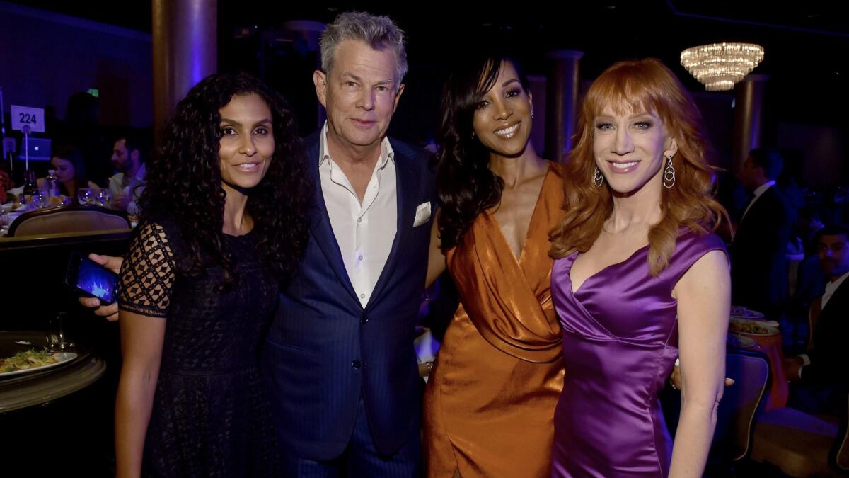From left, Manuela Testolini, David Foster, Shaun Robinson and Kathy Griffin. (Alberto E. Rodriguez / Getty Images for Race to Erase MS)