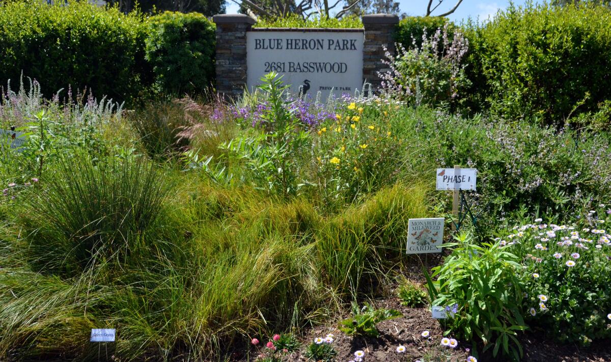 The monument identifying Blue Heron Park, surrounded by a variety of native plants that attract butterflies.