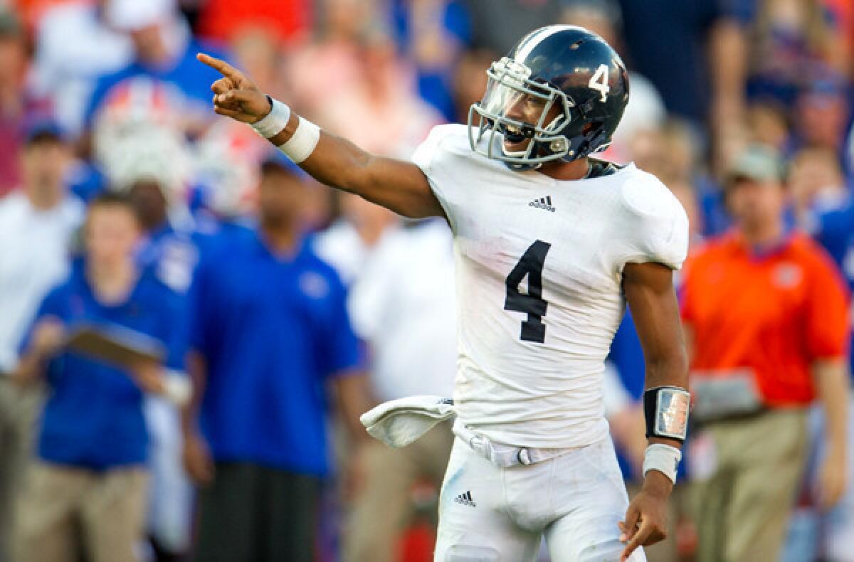 Quarterback Kevin Ellison points to a teammate after Georgia Southern scored a touchdown against Florida on Saturday.