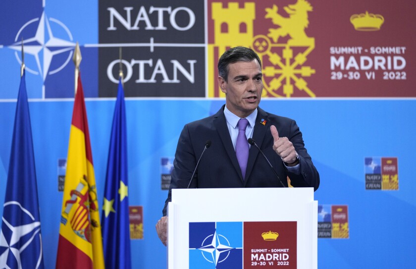 El presidente del gobierno español Pedro Sánchez en Madrid el 30 de junio del 2022. (Foto AP/Bernat Armangue)