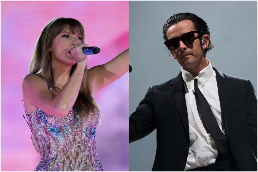 A split image of Taylor Swift singing into a mic in a sparkly outfit; Matty Healy wearing sunglasses, a black suit and tie.