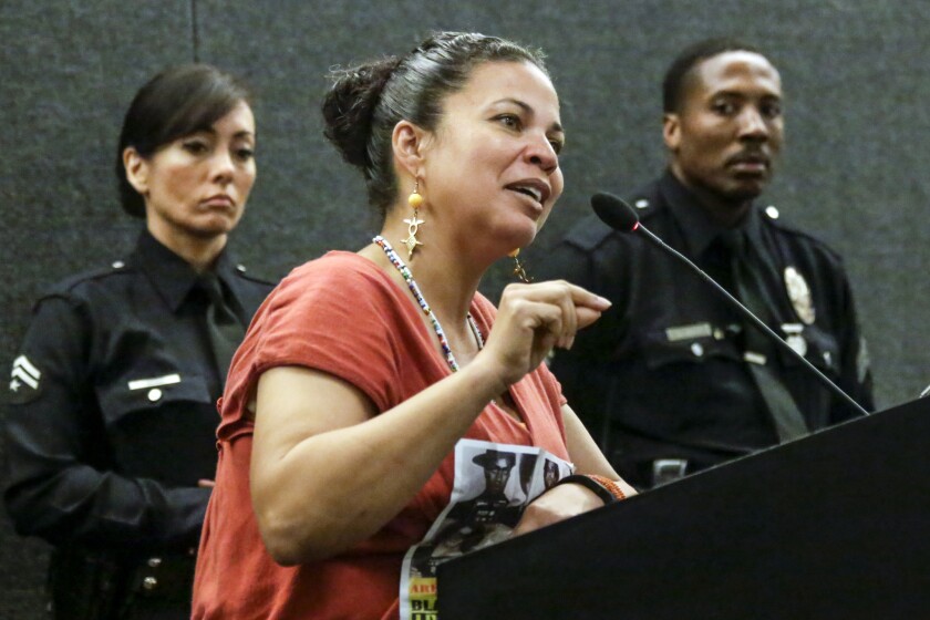 Melina Abdullah addresses a Police Commission meeting at LAPD headquarters. Abdullah, a Cal State Los Angeles professor affiliated with the Black Lives Matter movement, was arrested on suspicion of resisting a police officer.