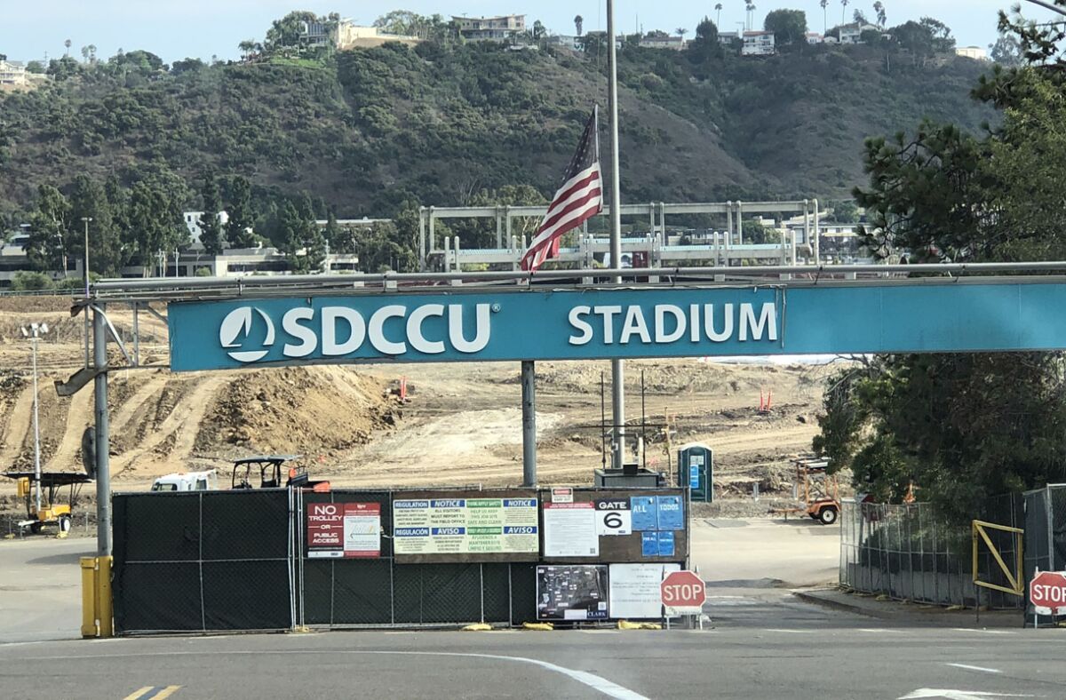 The entrance at the SDSU Mission Valley site remains branded with naming rights — SDCCU Stadium — from its old venue.