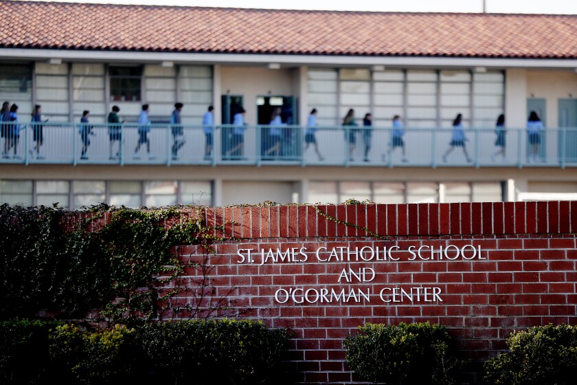 TORRANCE, CALIF. - DEC. 11 2018. Exterior of St. James Catholic School in Torrance. Two nuns allegedly embezzled about $500,000 at the school and may have spent the money gambling in Las Vegas. (Luis Sinco/Los Angeles Times)