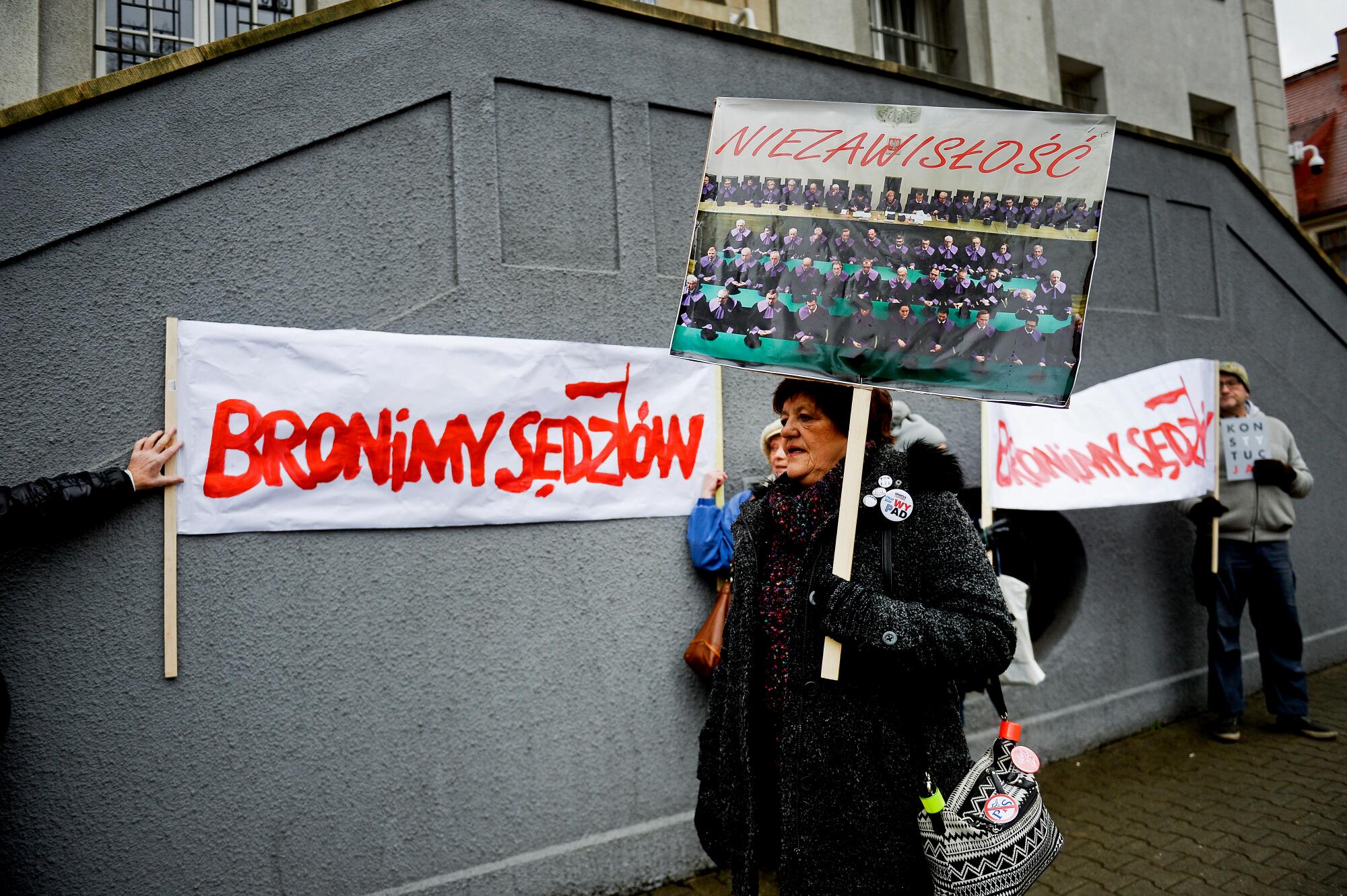 Demonstrators outside court in Katowice 