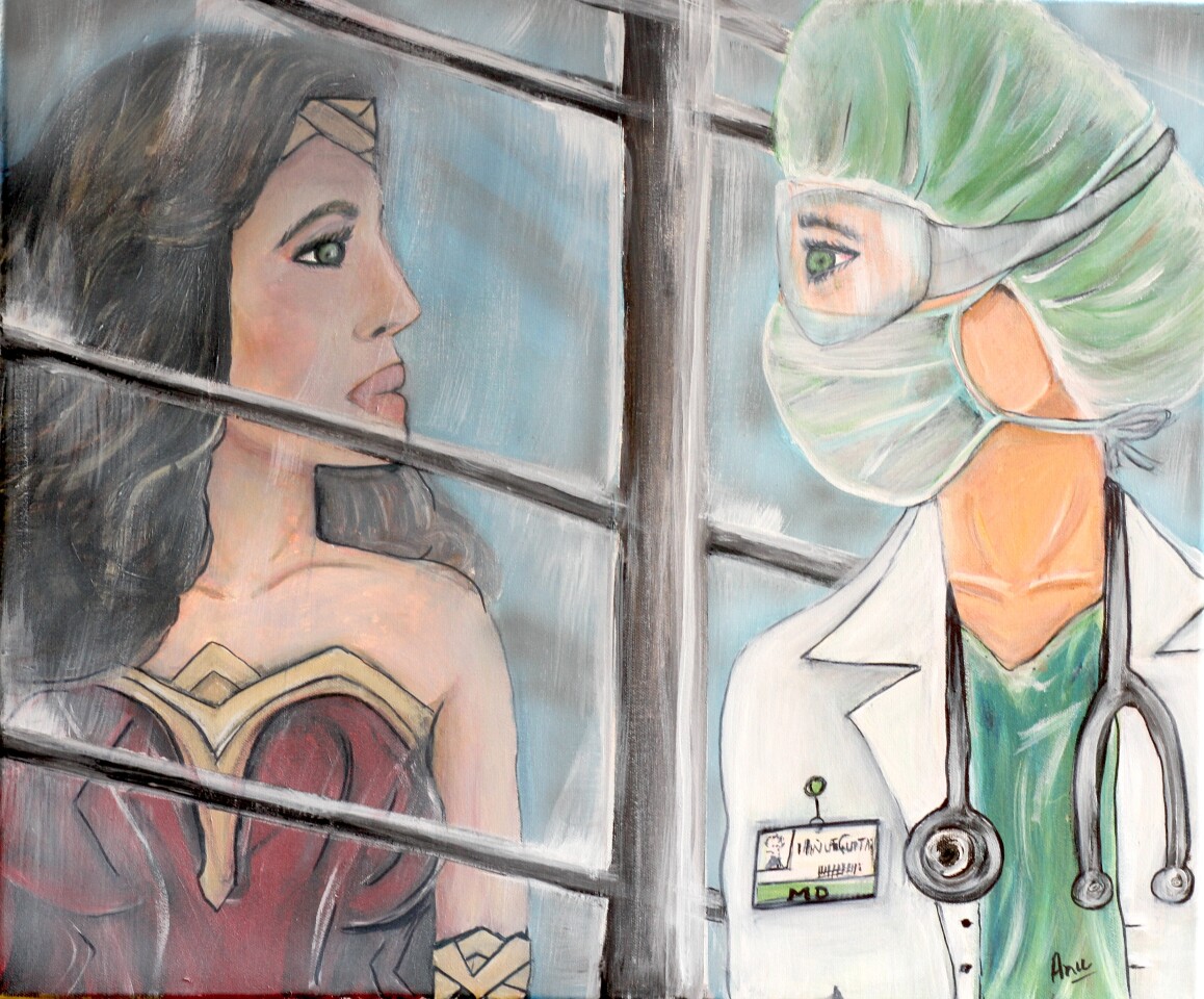Art juxtaposing a doctor and wonderwoman
