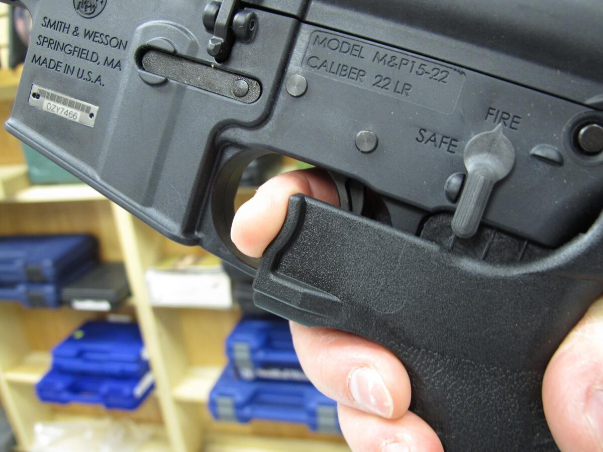 A "bump stock" device is displayed at a Raleigh, N.C., gun shop.