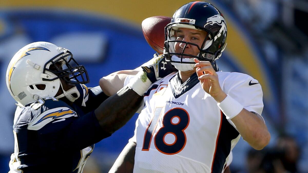 San Diego Chargers outside linebacker Melvin Ingram, left, knocks a pass way from Denver Broncos quarterback Peyton Manning during the first half of the Broncos' 22-10 win Sunday.