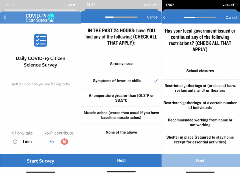 Screen shots of a new app for citizen scientists to help researchers learn more about the new coronavirus.