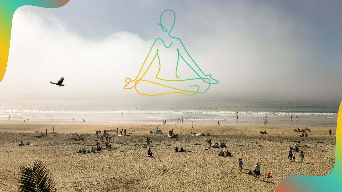 Salt Creek Beach in Dana Point with illustration of person in a yoga pose.