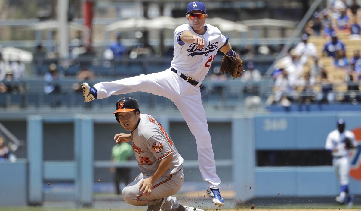 Dodgers' Chase Utley, top, throws to first base to complete a double play after forcing out Baltimore Orioles' Hyun Soo Kim during the third inning on Wednesday at Dodger Stadium. Utley had six hits in the game.