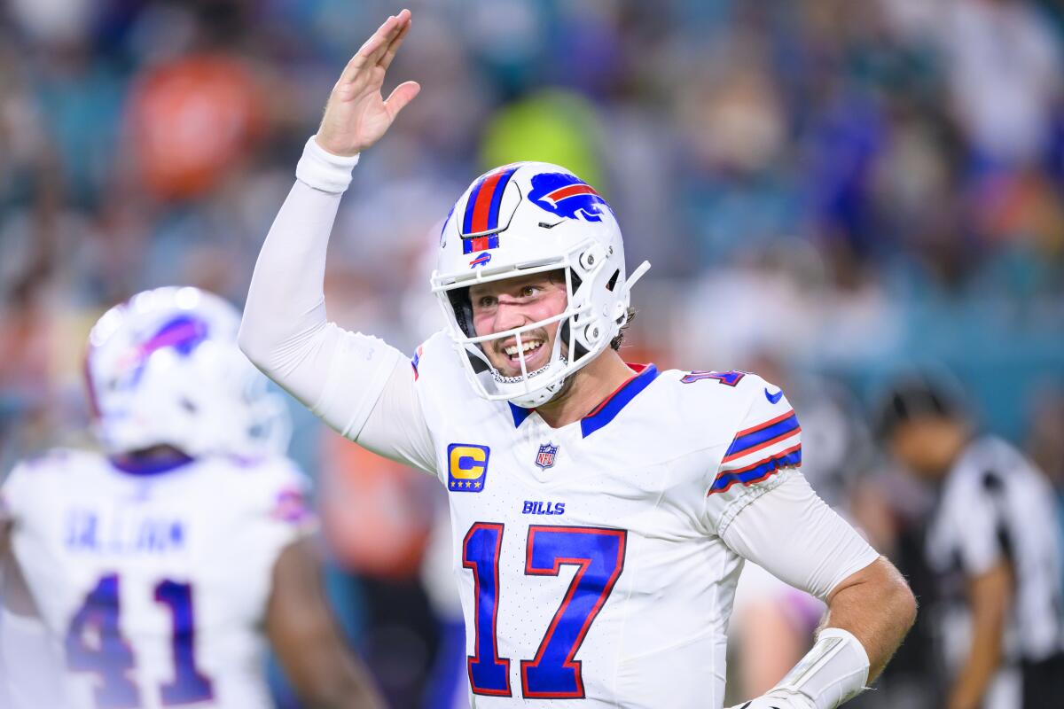 Quarterback Josh Allen (17) reacts after a Bills touchdown.