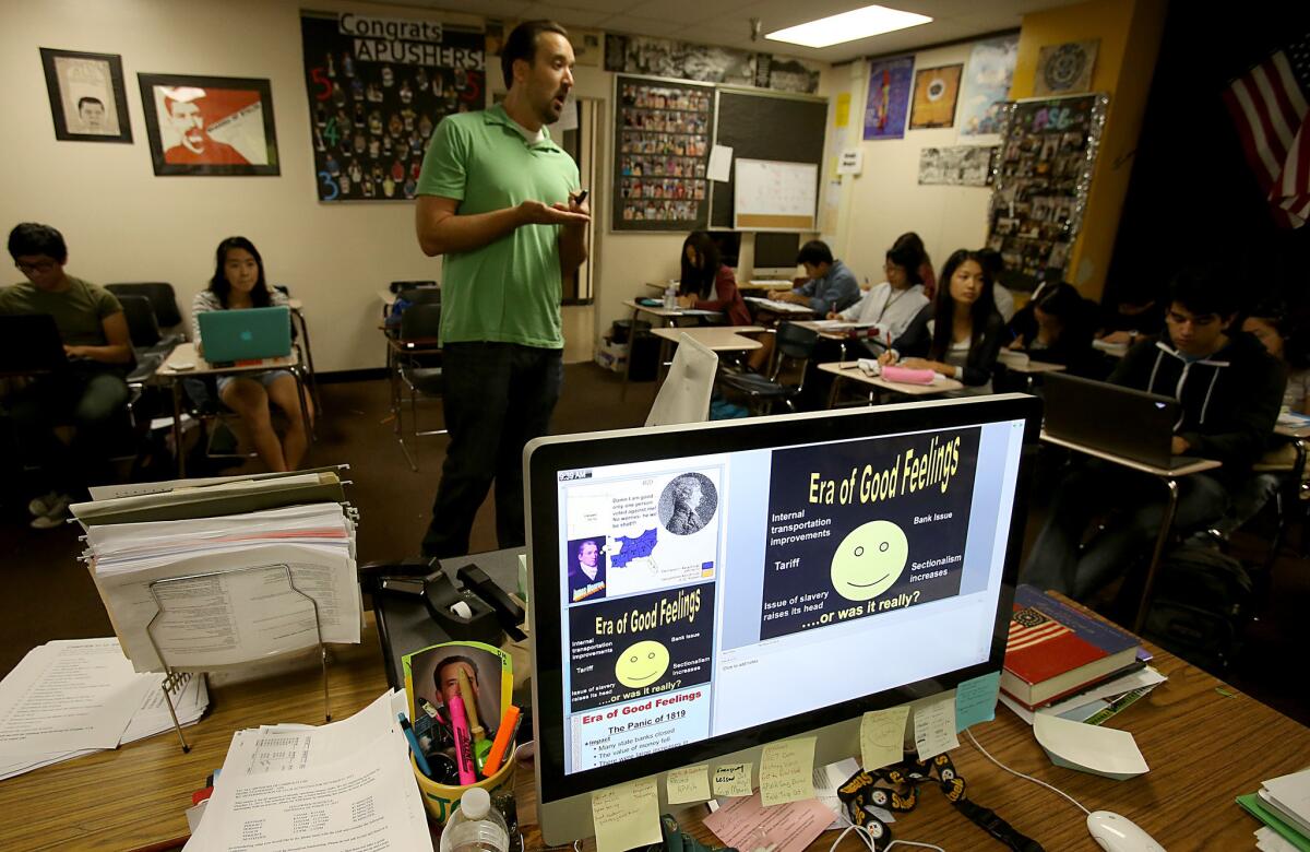 Advanced Placement history teacher Daniel Jocz talks about 19th century American history during a class at the Downtown Magnets High School in Los Angeles last year.