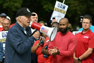US President Joe Biden addresses a UAW picket line at a General Motors Service Parts Operations plant in Belleville, Michigan, on September 26, 2023. Some 5,600 members of the UAW walked out of 38 US parts and distribution centers at General Motors and Stellantis at noon September 22, 2023, adding to last week's dramatic worker walkout. According to the White House, Biden is the first sitting president to join a picket line. (Photo by Jim WATSON / AFP) (Photo by JIM WATSON/AFP via Getty Images)