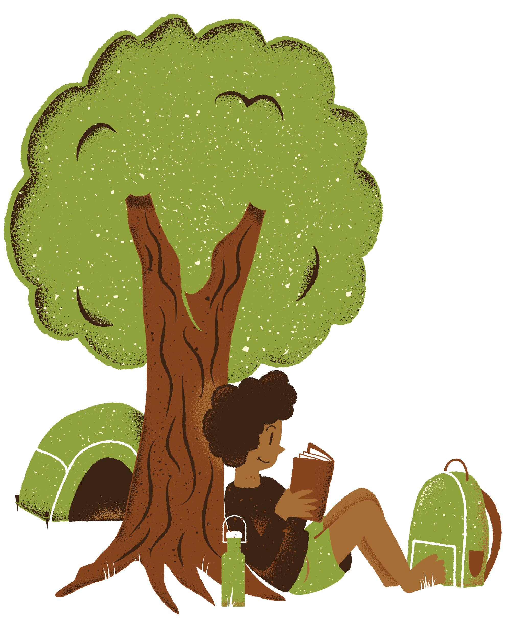 Illustration of a person sitting at the foot of a tree and reading with a campsite behind them