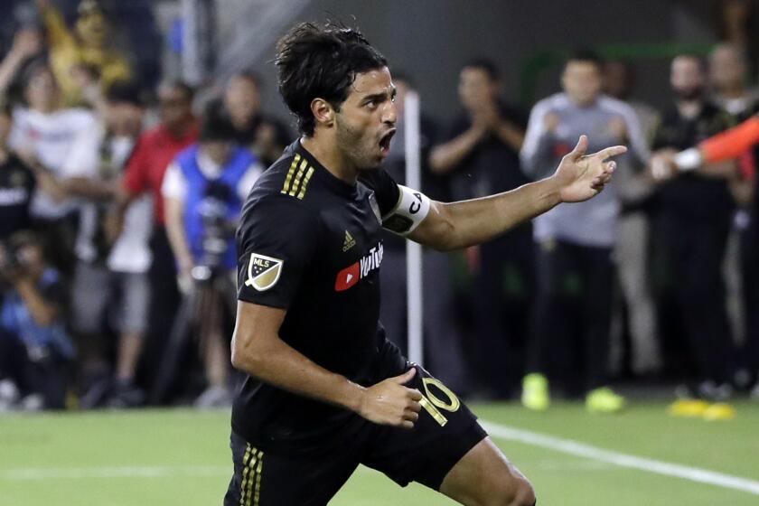 Los Angeles FC's Carlos Vela (10) celebrates after scoring against the Los Angeles Galaxy.