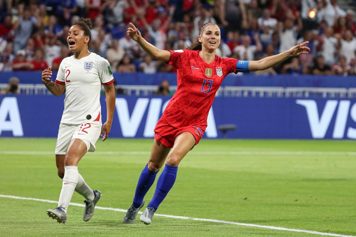 USA's Alex Morgan celebrates after scoring a goal during the semifinal match between England and USA at the FIFA Women's World Cup 2019 in Lyon, France.