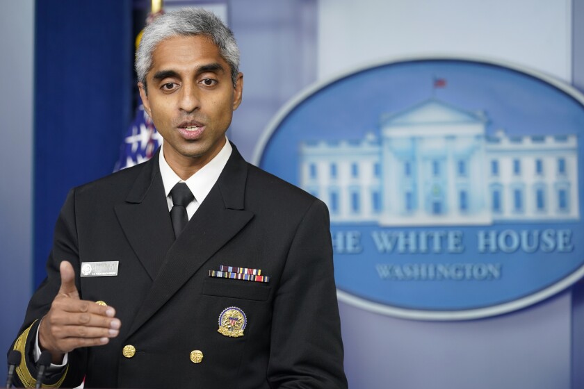 Surgeon General Dr. Vivek Murthy speaks during the daily briefing at the White House.
