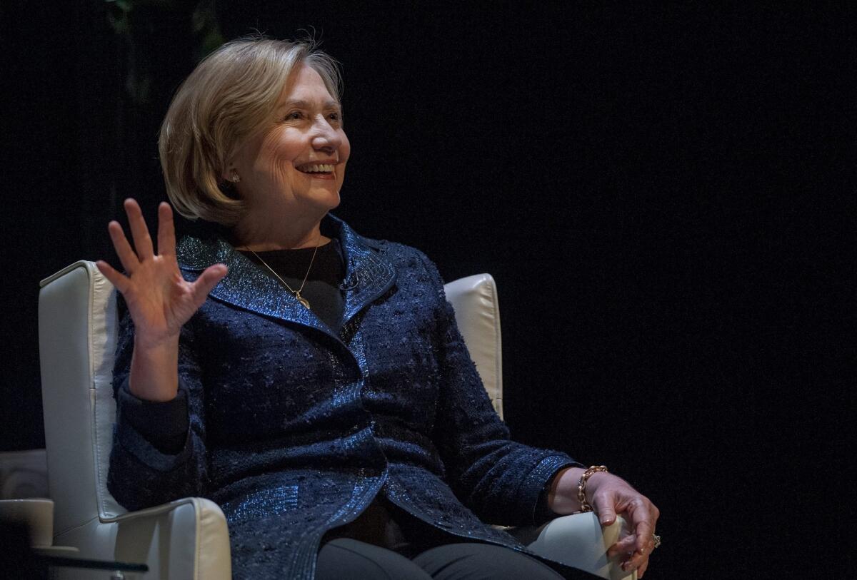 Hillary Rodham Clinton laughs as she speaks to a crowd in Saskatoon, Canada, on Jan. 21.