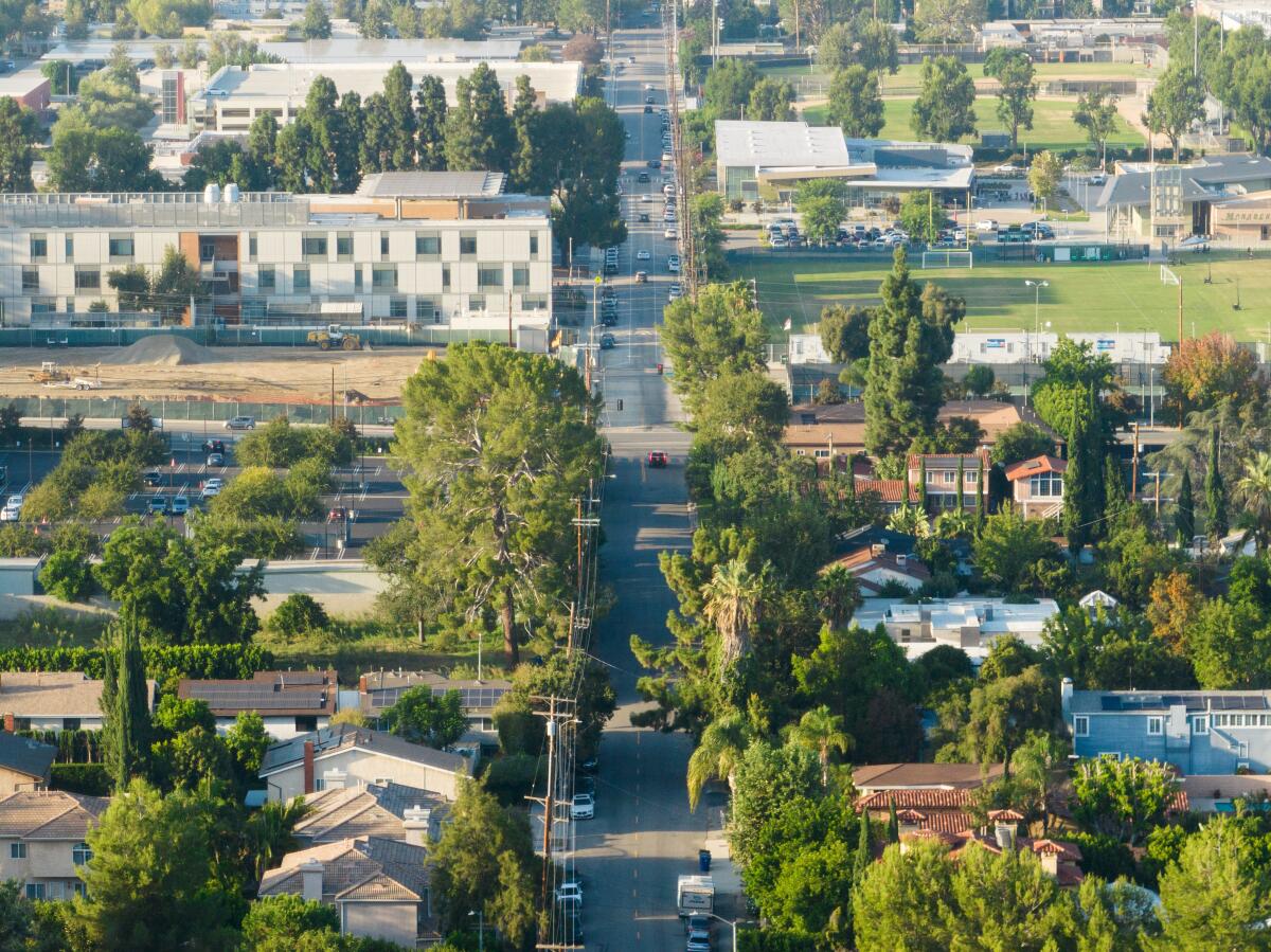 Aerial view of tree-lined streets and houses in Sherman oaks