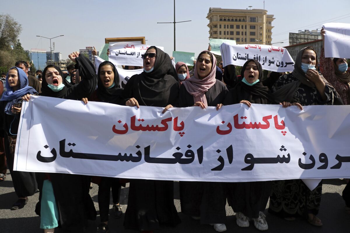 Afghans shouting slogans during an anti-Pakistan demonstration