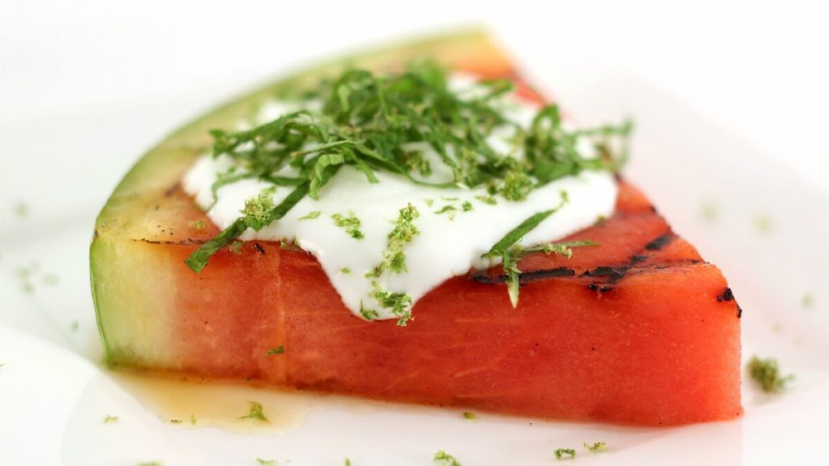 Grilled watermelon with mint, lime honey and yogurt