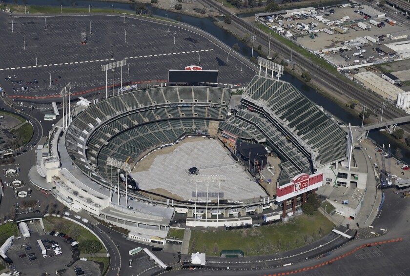 An aerial view of the Oakland-Alameda County Coliseum