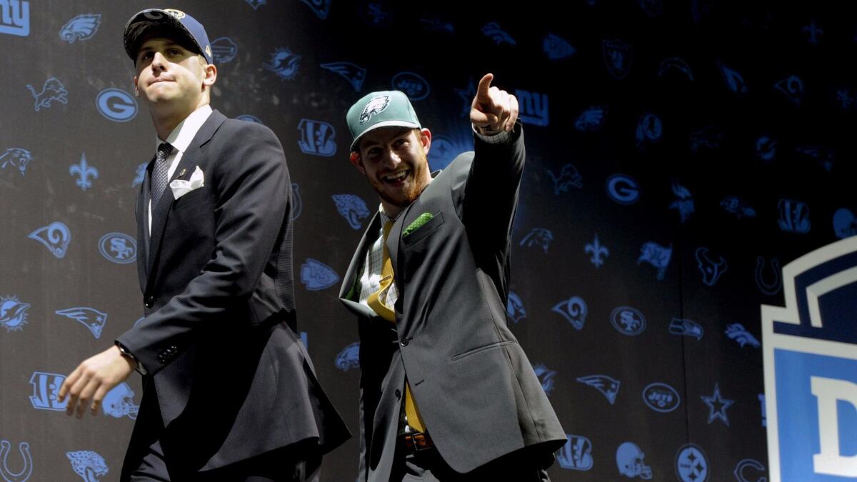 Jared Goff and Carson Wentz at the 2016 NFL Draft. Goff and Wentz were selected No. 1 and No.2, respectively, and are currently leading their teams to playoff berths.