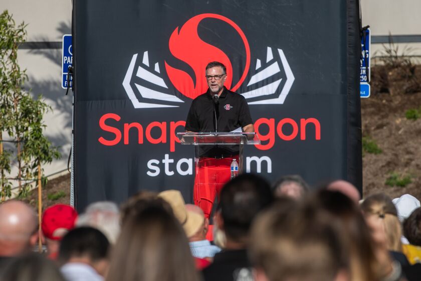 San Diego, CA - August 19: J.D. Wicker, director of intercollegiate athletics at San Diego State University, speaks at the ribbon-cutting ceremony for Snapdragon Stadium at Mission Valley in San Diego, CA on Friday, Aug. 19, 2022. (Adriana Heldiz / The San Diego Union-Tribune)